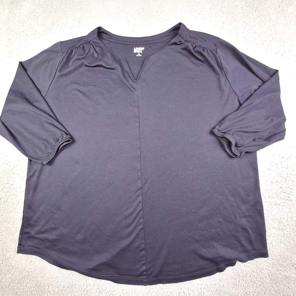 Lands End Top Womens 1X Navy Blue Split‎ Neck Tunic 3/4 Sleeve Classic Workwear